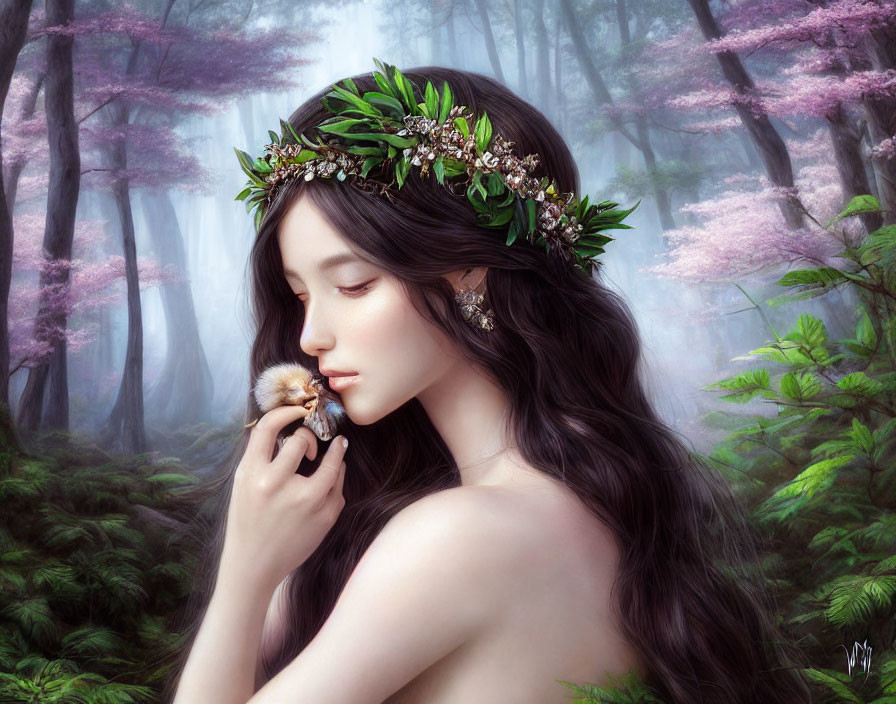 Woman with floral crown in mystical forest with waterfall.