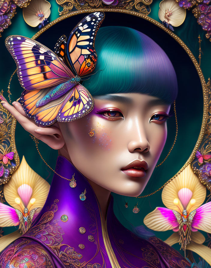 Colorful digital artwork featuring person with butterfly, floral patterns, and halo motif.