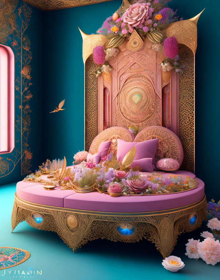 Luxurious Pink and Gold Bed with Flowers and Pillows in Ornate Indoor Scene