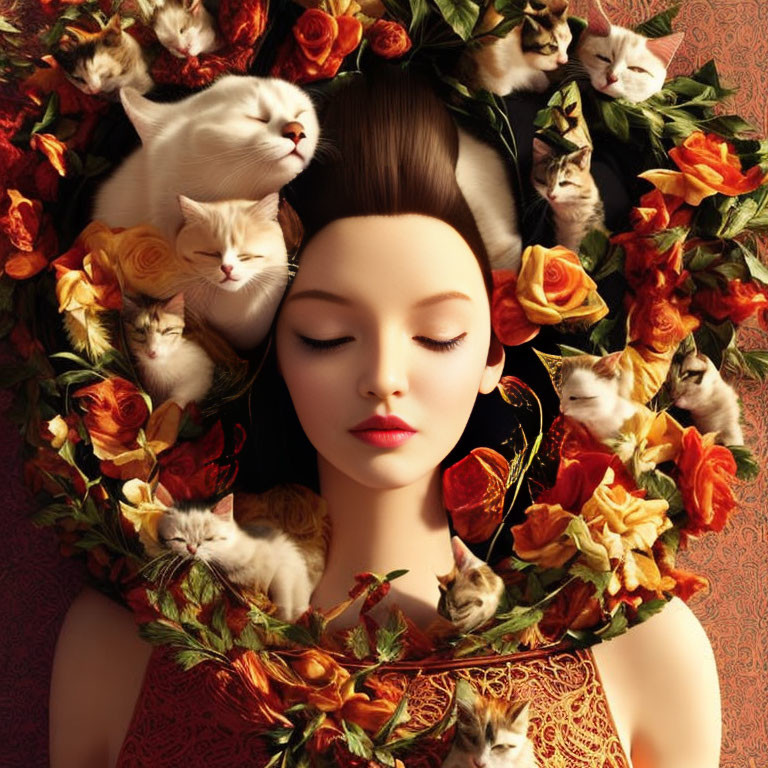 Portrait of a woman with sleeping and awake cats in floral frame