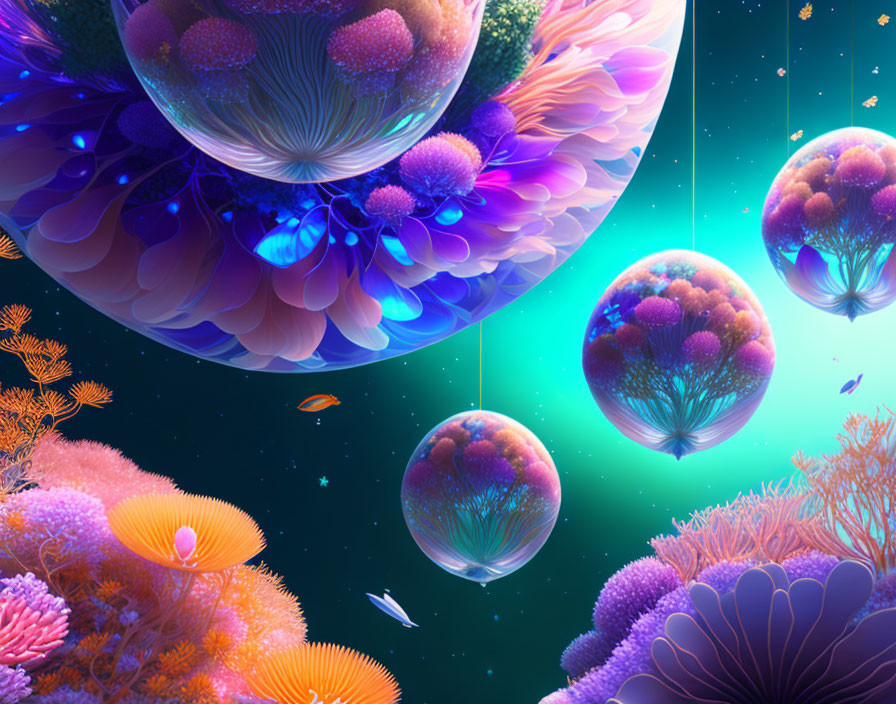 Colorful underwater scene with coral-filled bubbles and giant sphere in teal ocean.