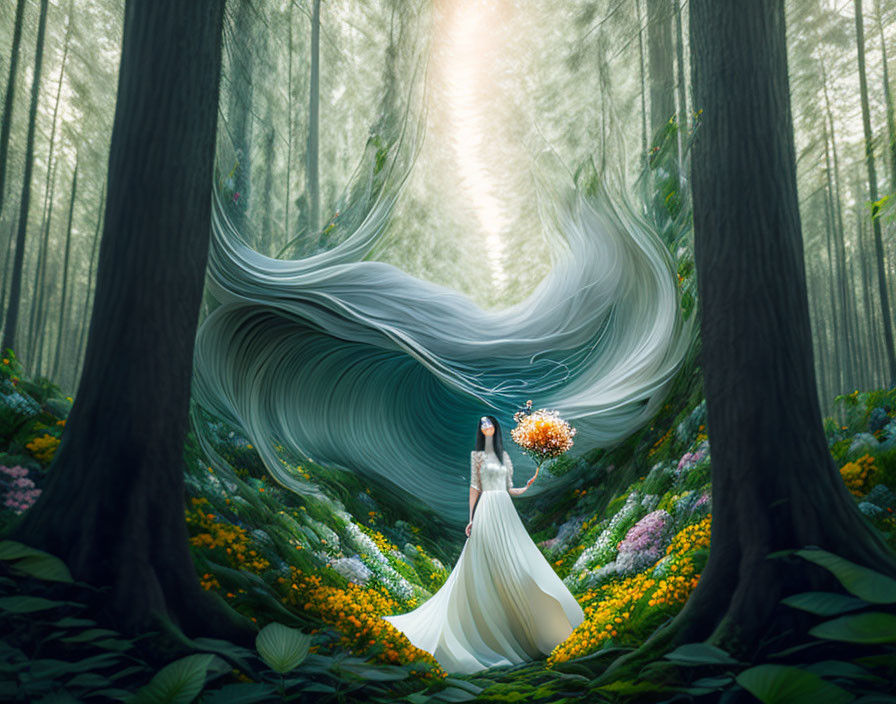 Woman in white dress with bouquet in mystical forest with colorful flora