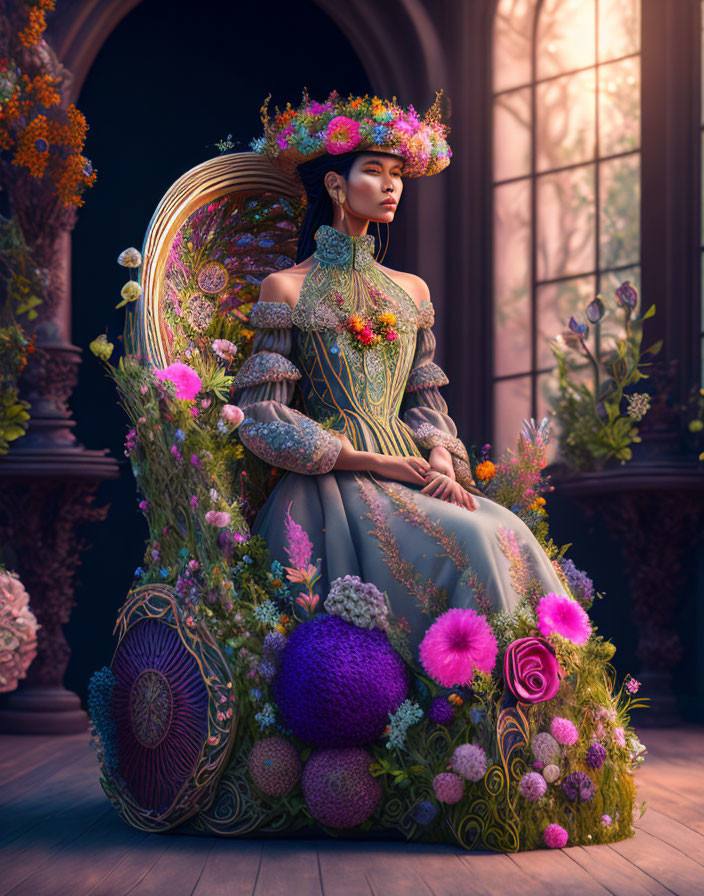 Woman in floral chair with crown poses in gothic room