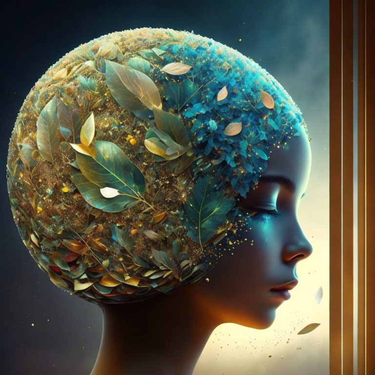 Surreal portrait of person with head as leafy sphere