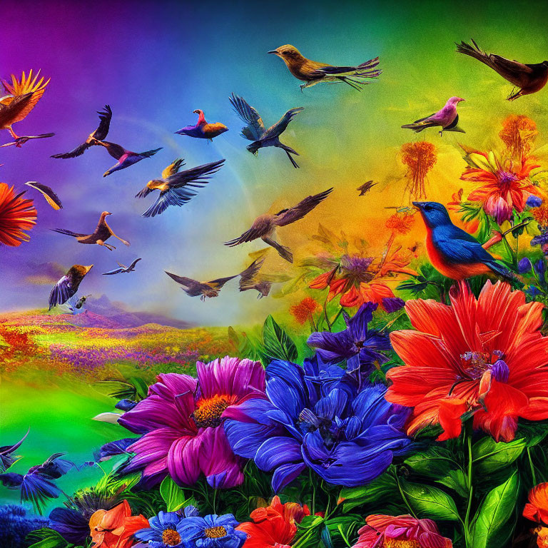 Colorful Birds Flying Over Vibrant Flower Field with Rainbow Background