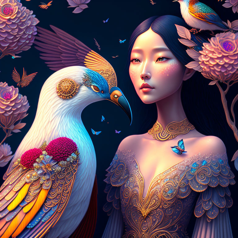 Digital Artwork: Serene woman with mythical bird, flowers, and butterflies on dark blue background