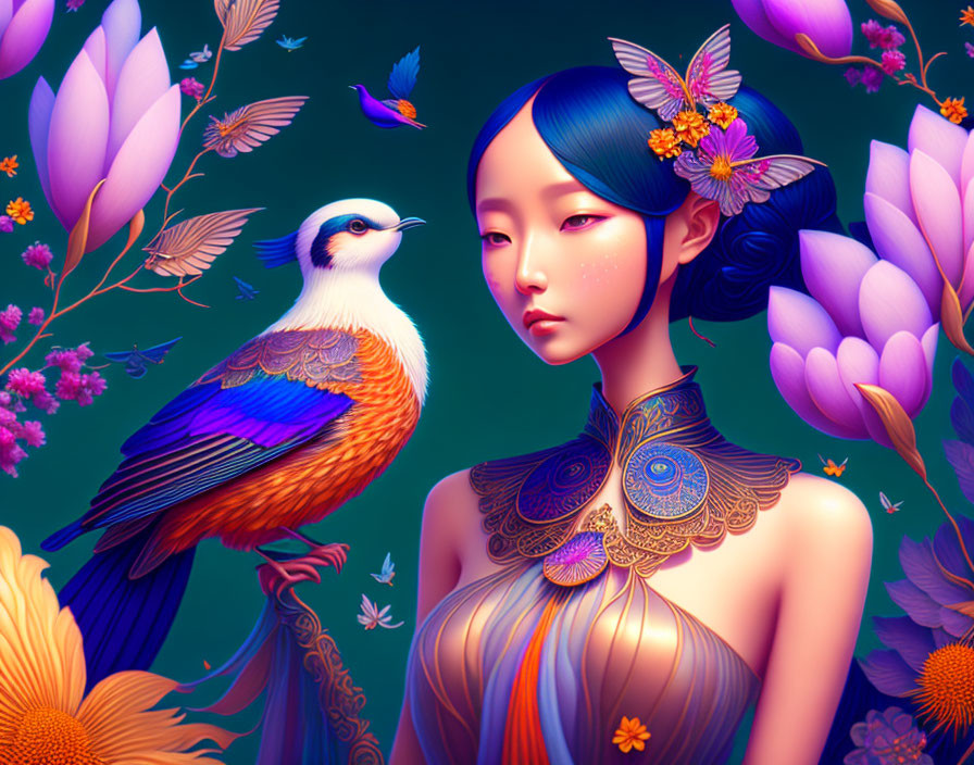 Colorful Artwork: Female Character with Blue Hair, Floral Accessories, and Bird in Purple Flower Setting