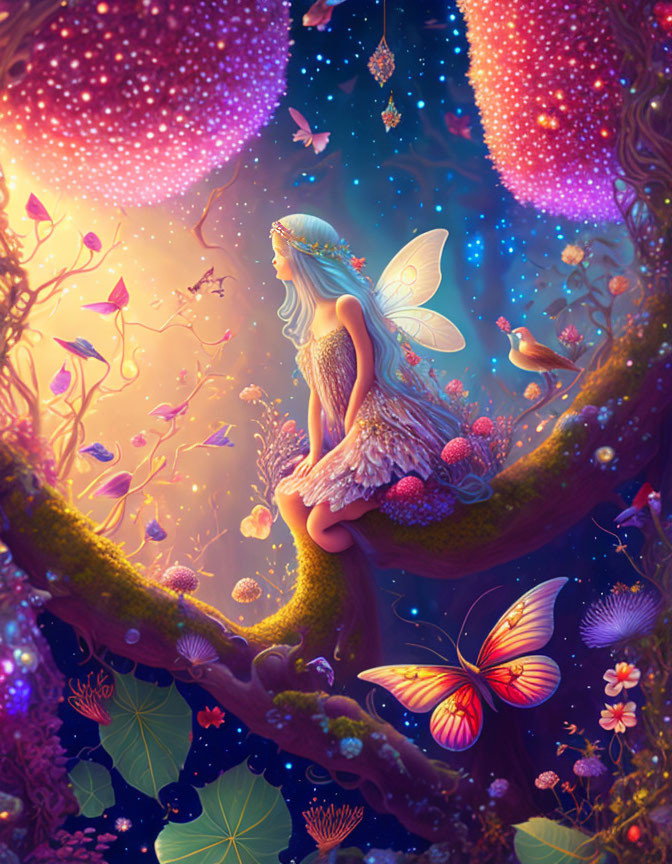 Whimsical fairy on tree branch in enchanted forest with glowing plants