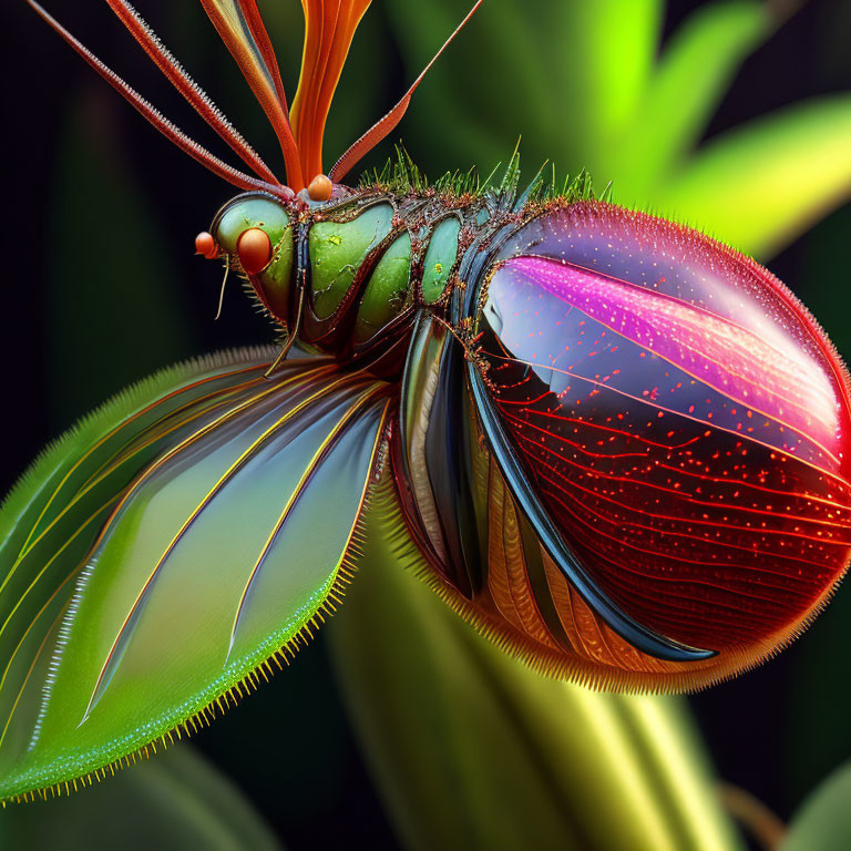 Detailed digital illustration of vibrant housefly on blurred plant background