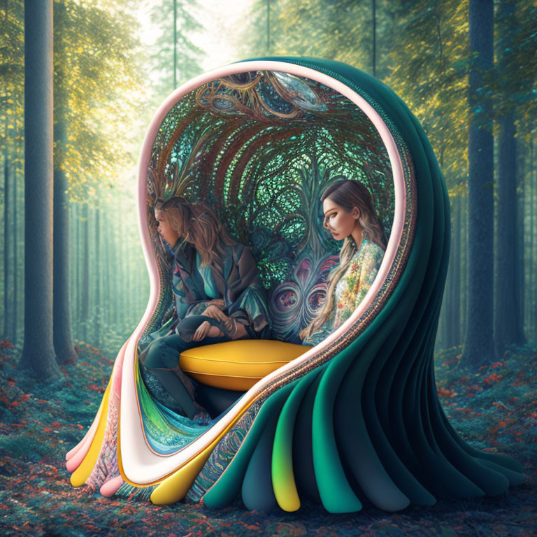 Two Women Sitting in Colorful Peacock Chair in Magical Forest