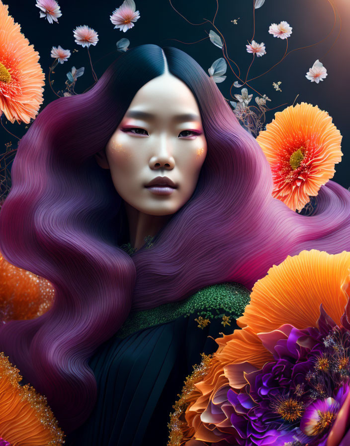 Ethereal woman with purple hair among orange and pink flowers