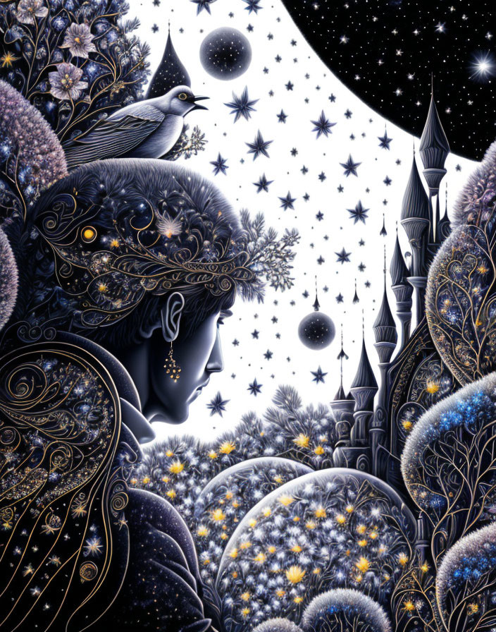 Illustration of person with ornate headgear, bird, stars, orbs, and castle in profile