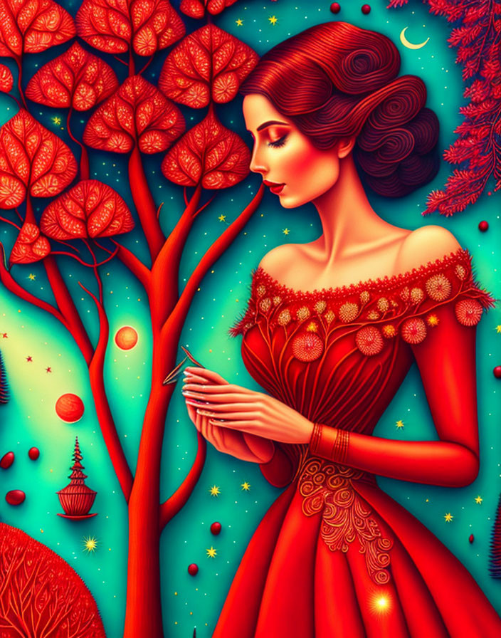 Surreal illustration of woman in red dress with intricate patterns and vibrant red trees against starry green