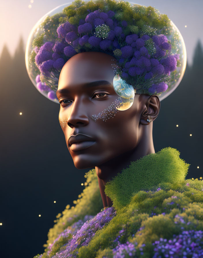 Digital portrait with surreal nature-inspired hairstyle: purple flowers, greenery, transparent sphere