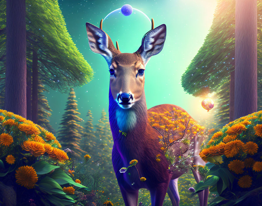 Glowing-eyed deer in enchanted forest with orbs and flowers