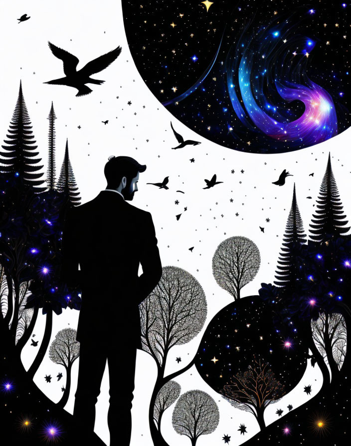 Man silhouette against fantastical night scene with galaxies, stars, and trees