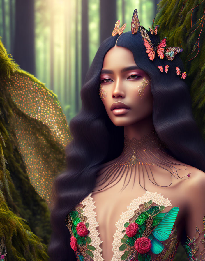 Mystical woman with long black hair and butterflies in a forest