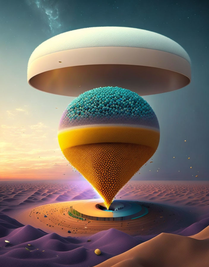 Surreal hourglass structure in desert landscape at sunset