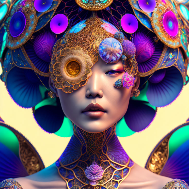 Intricate golden filigree and peacock feathers on surreal portrait