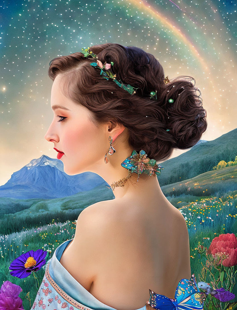 Profile of Woman with Updo in Mountain Landscape and Butterfly Earring