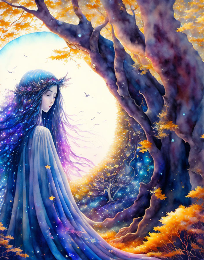 Ethereal woman with star-filled hair by majestic autumn tree