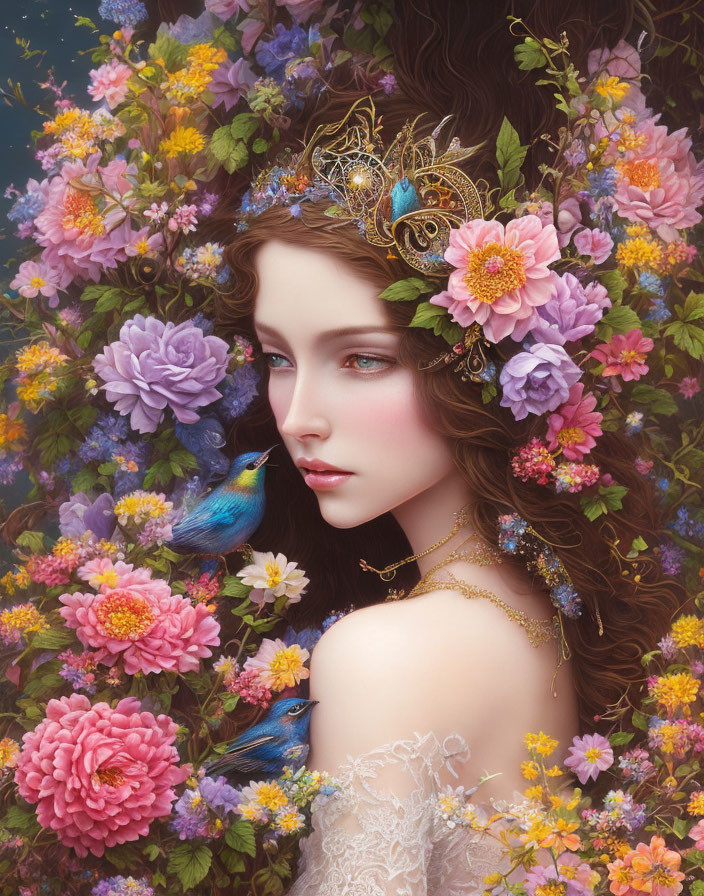 Serene woman with tiara and bluebird in lush flower setting