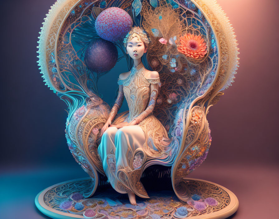 Surreal Artwork: Woman in Elaborate Chair with Cosmic Orbs