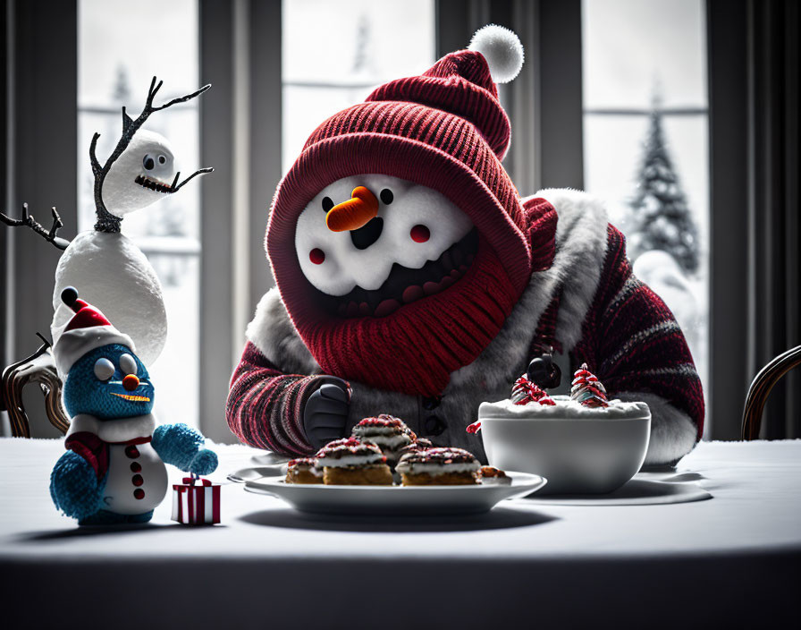 Person in Snowman Costume Enjoying Pastries in Snowy Window Scene