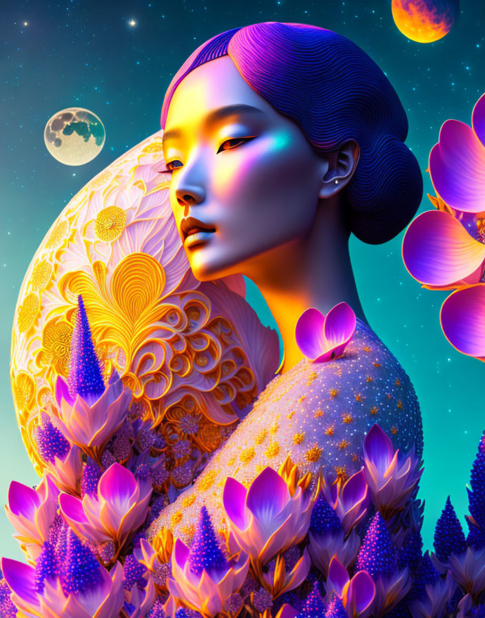 Stylized portrait of woman with purple flowers and golden patterns in cosmic setting