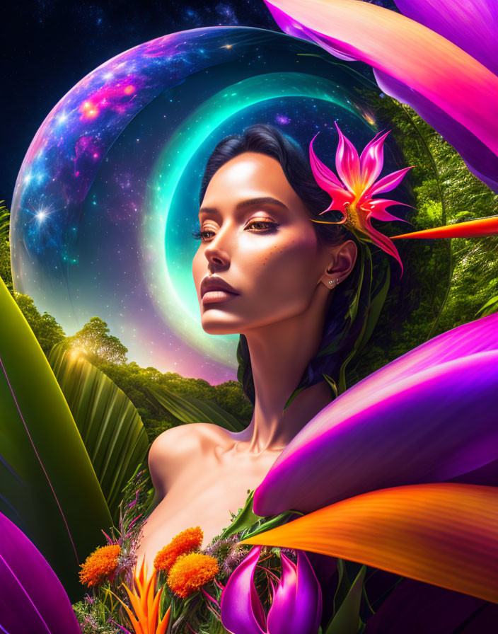 Surreal portrait of woman with cosmic and floral elements