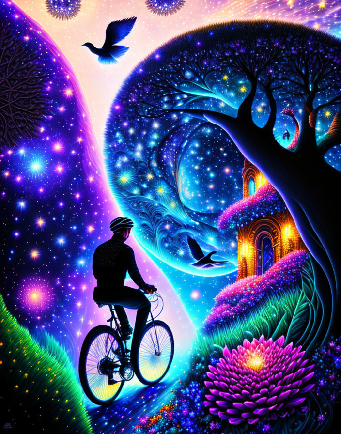 Person biking in vibrant cosmic scene with night sky, whimsical trees, bird, and glowing flowers.