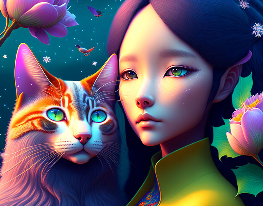 Colorful girl with cat, flowers, and butterflies in mystical blue light