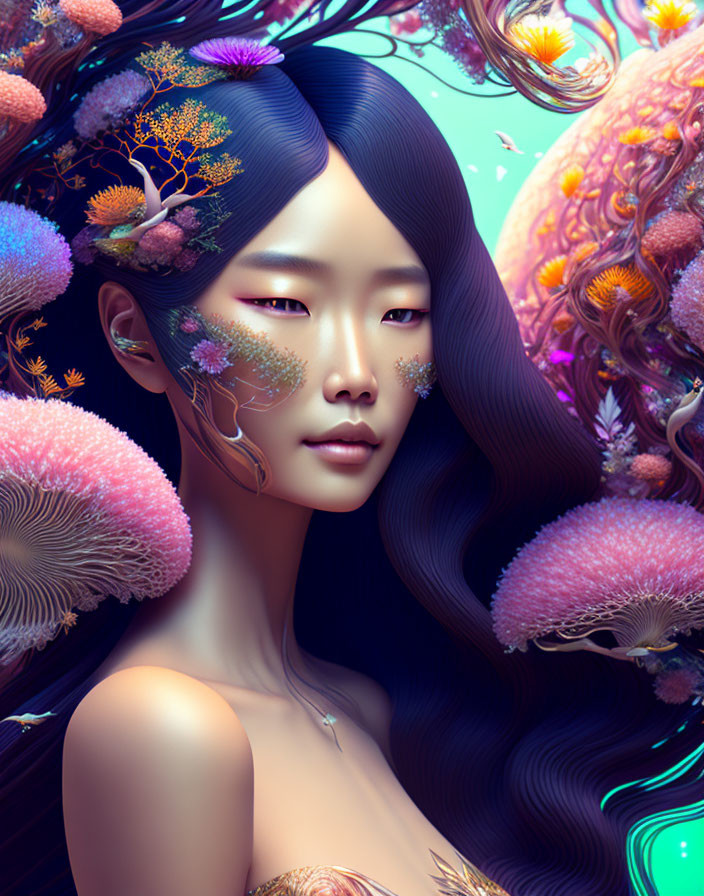 Colorful Coral Adorns Woman in Fantastical Sea Flora Scene