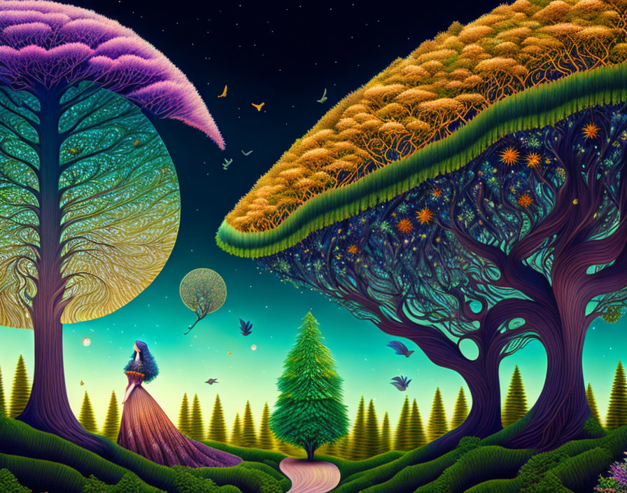 Fantasy landscape with oversized trees, figure with balloon, and stylized birds under starry sky