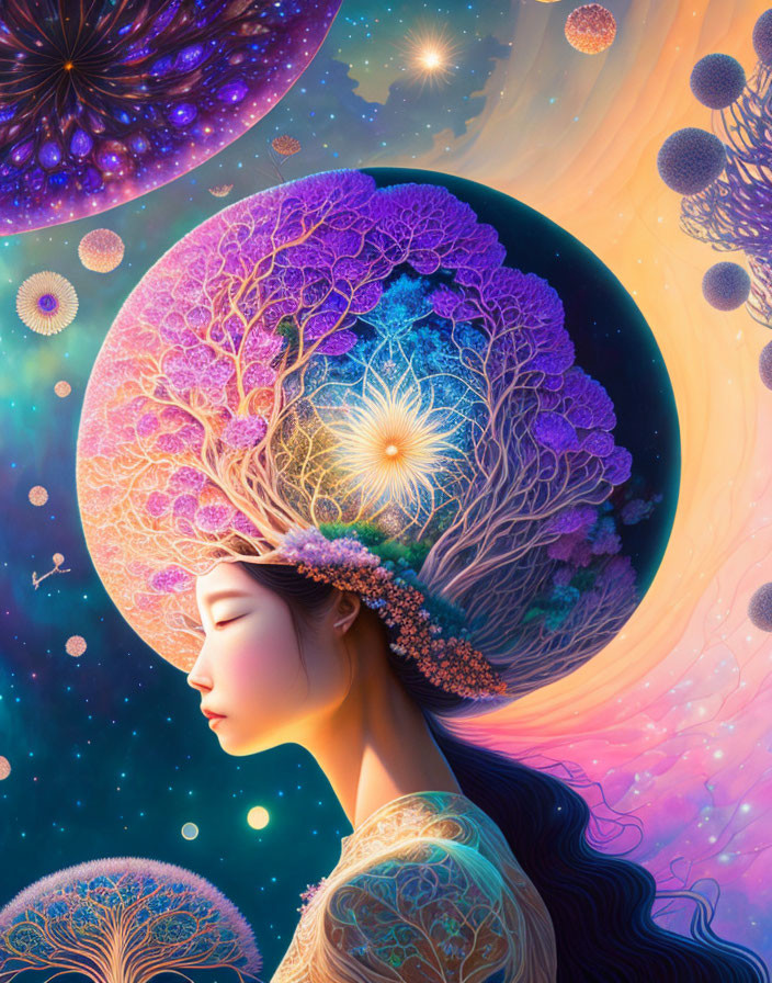 Surreal portrait of woman with cosmic tree headdress on starry backdrop