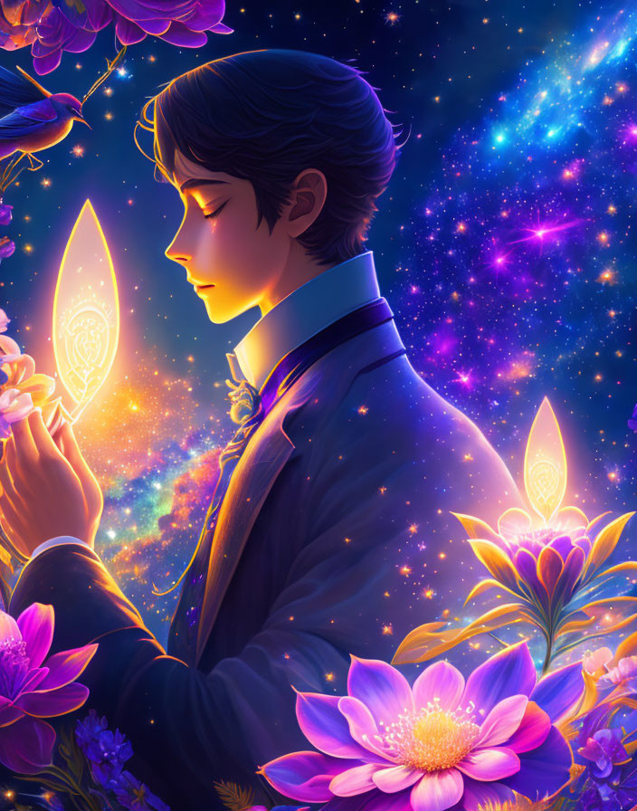 Illustrated portrait of person holding glowing feather in cosmic background