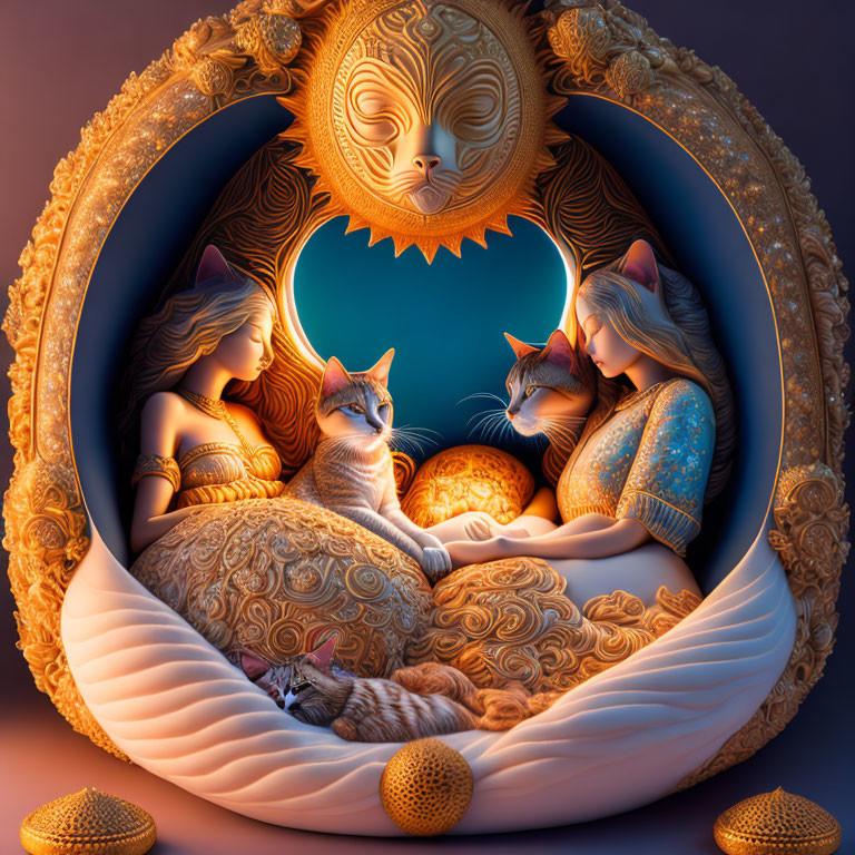 Two Women and Cats Resting in Celestial-themed Ornate Sphere