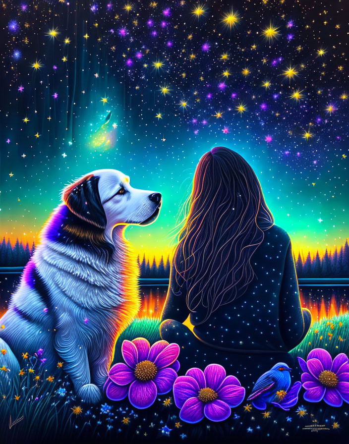 girl with dogs watching stars, birds, flowers, fai