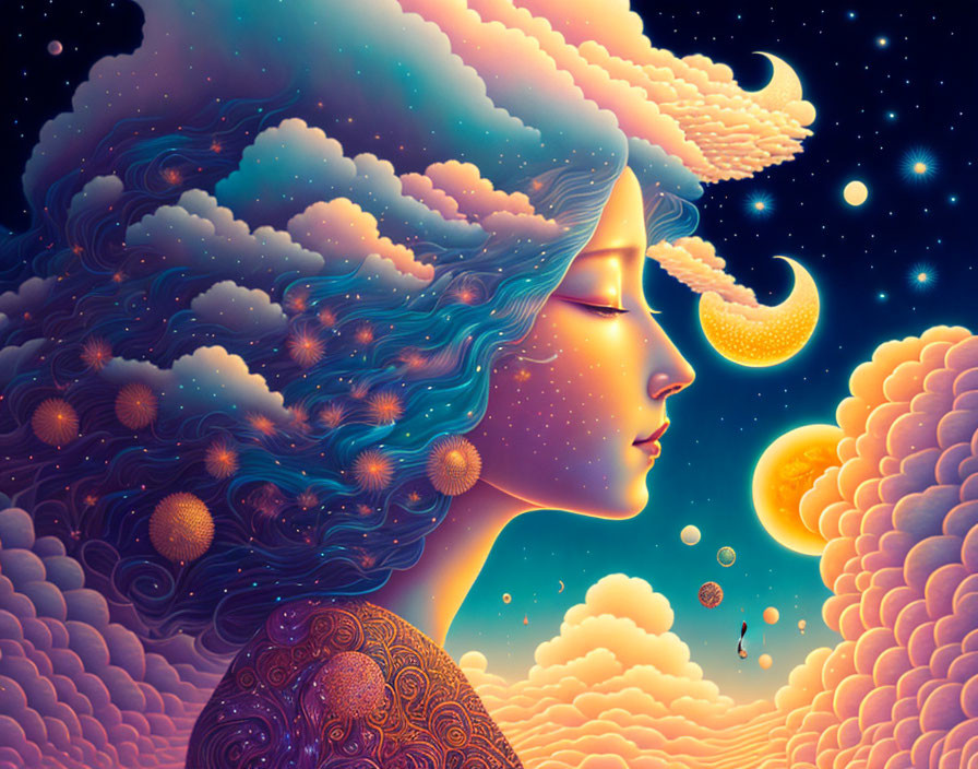 Surreal cosmic scene with woman and vibrant colors