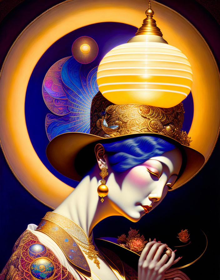 Blue-skinned woman with gold headdress and flower in hand against golden halo