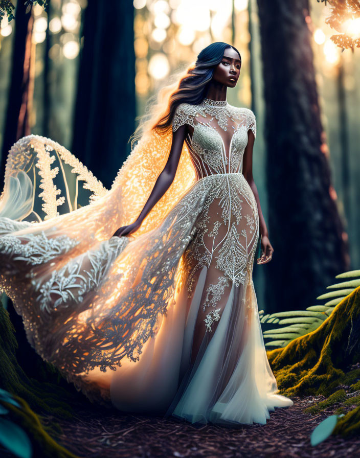 Woman in Elaborate Lace Gown in Mystical Forest with Sunlight