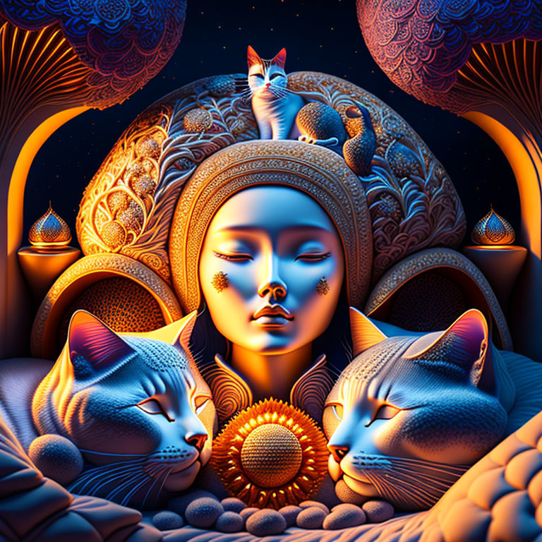 Digital artwork: Serene woman's face with three cats, intricate patterns, warm gold and blue tones