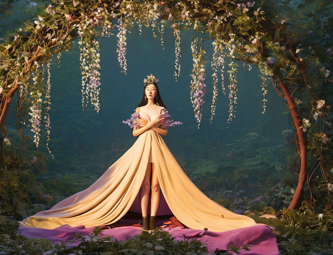 Woman in elegant gown surrounded by forest flowers and trees under soft light