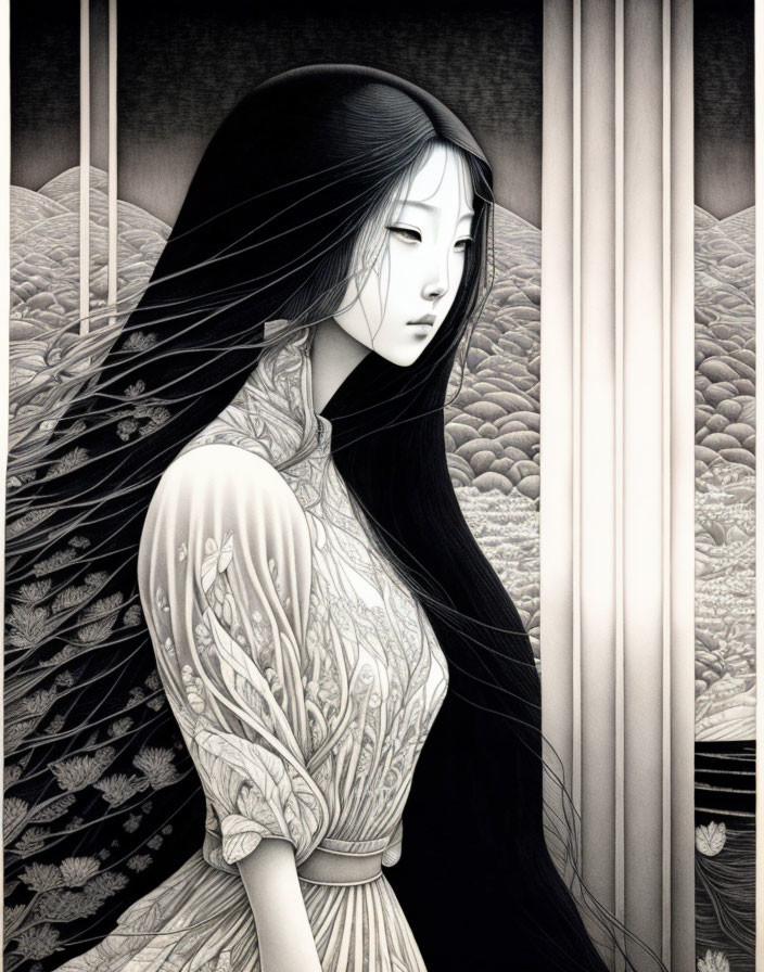 Illustration of woman with long black hair and winged arm, set against stylized clouds or waves