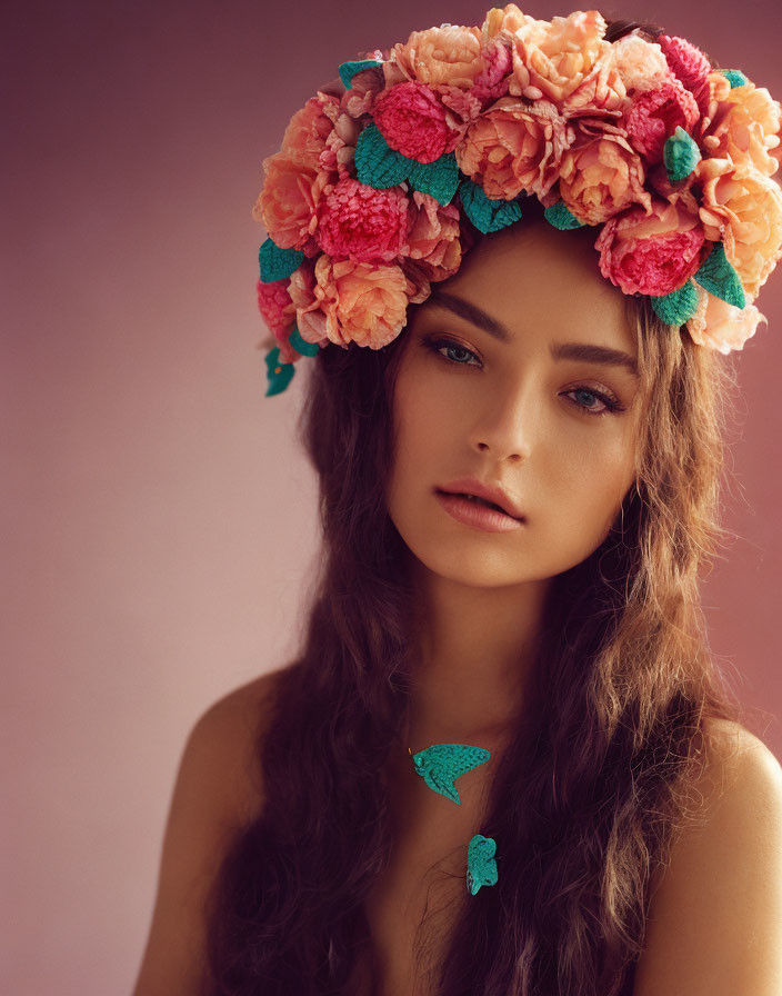 Woman with Pink and Peach Floral Headpiece and Cascading Hair Portrait