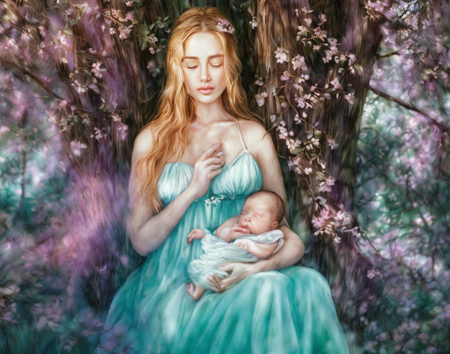 Serene woman with sleeping baby under blossoming tree canopy