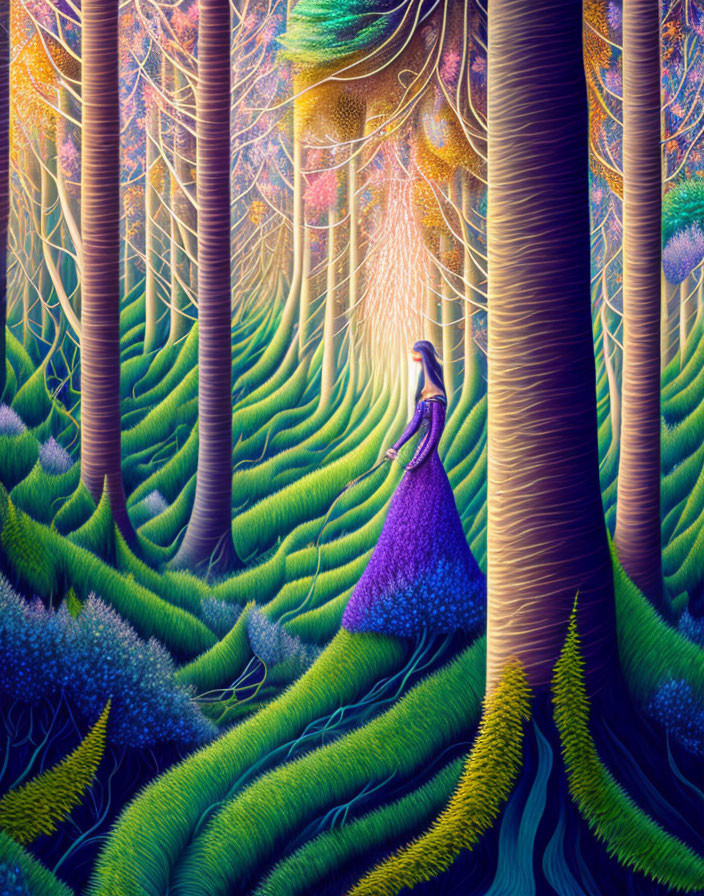 Vibrant forest scene with surreal trees and solitary figure admiring lights