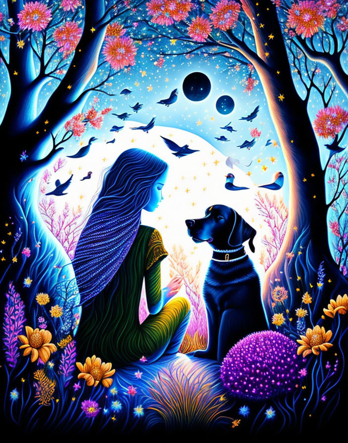 Colorful illustration: Woman with flowing hair and dog under celestial tree in vibrant setting