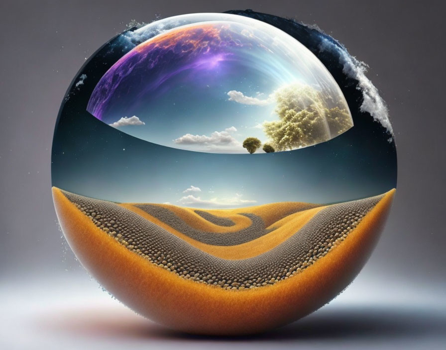 Spherical layered landscape with desert dunes, trees, clouds, and cosmic sky in a bubble structure