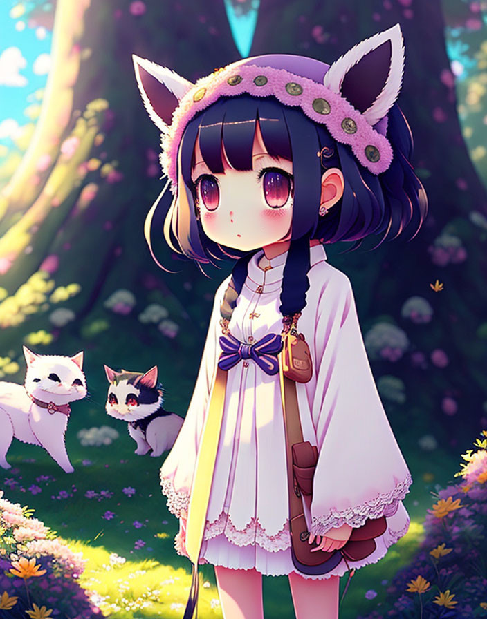 Young girl with cat ears in white dress surrounded by kittens in a magical forest